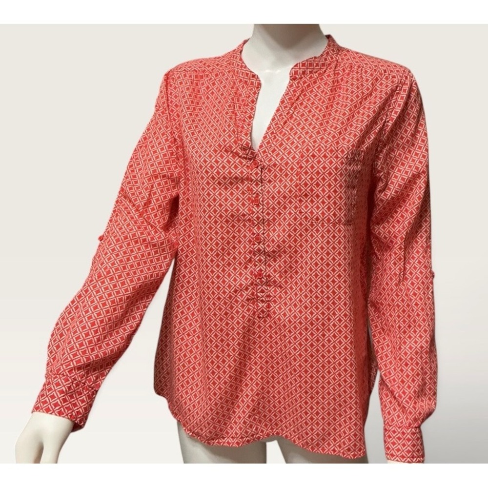 Joe Fresh Womens Medium Red/Cora Geometric Print Long Sleeve Blouse Tunic Top